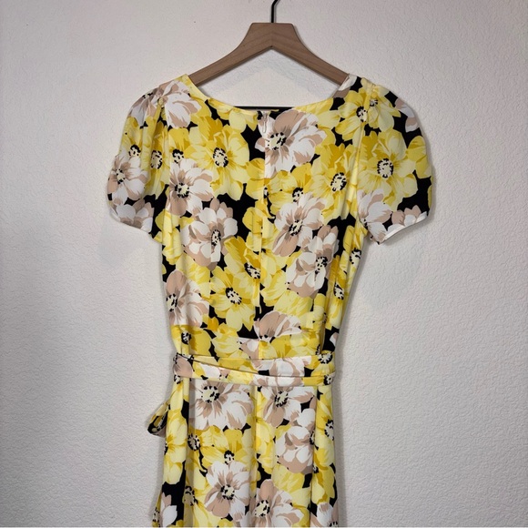 Talbots. Black Yellow Floral Print Button-Front Short Sleeves Midi Dress 4 - Picture 8 of 9